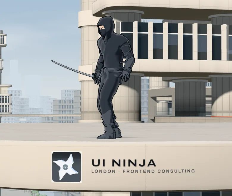 The UI Ninja figure, a graphite card model, stands in guard on the rounded corner of a white terrace card against open sky. The corner carries the silver shuriken mark in a graphite well and the words UI Ninja · London · Frontend consulting.